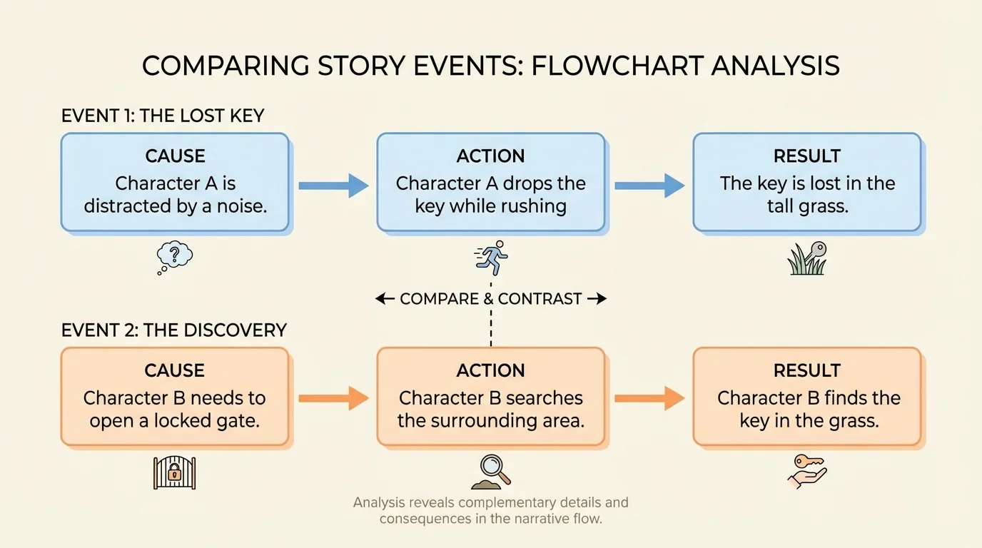 Flowchart comparing two story events, each with cause, action, and result boxes connected by arrows