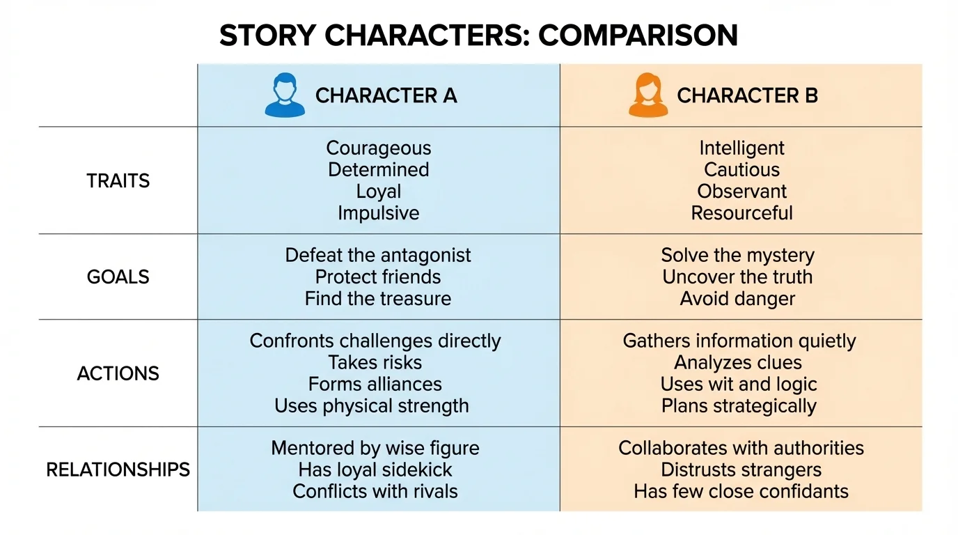 Comparison chart showing two story characters with rows for traits, goals, actions, and relationships