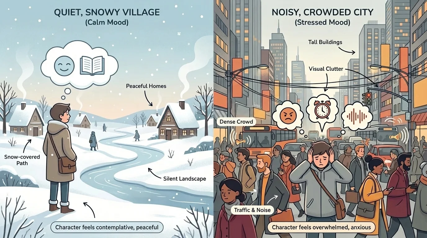 Illustration of the same kind of character in two settings, a quiet snowy village and a noisy crowded city street, with mood differences visible