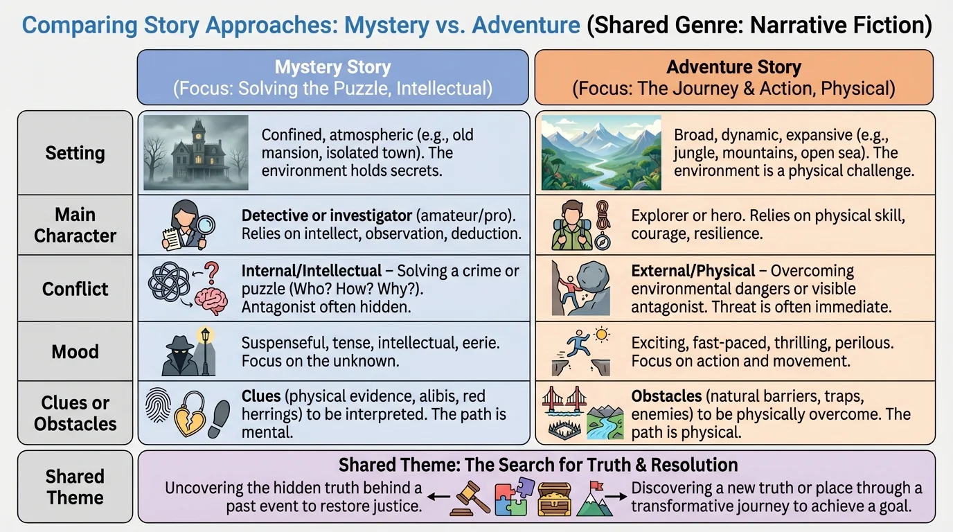 comparison chart of two same-genre stories with rows for setting, main character, conflict, mood, clues or obstacles, and shared theme