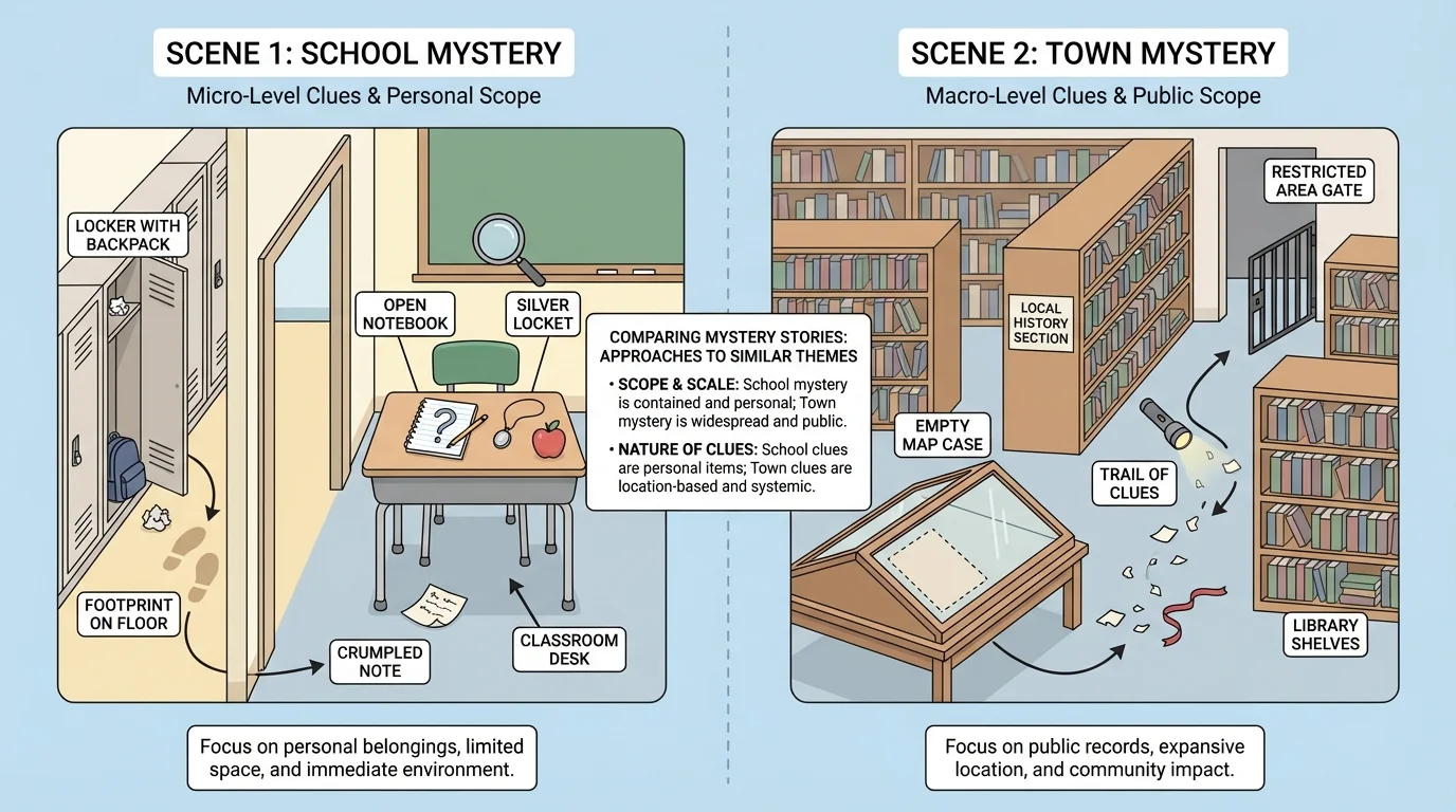 two mystery scenes side by side, one school hallway and classroom desk with small clues, one town library with a missing map case and clue trail among shelves