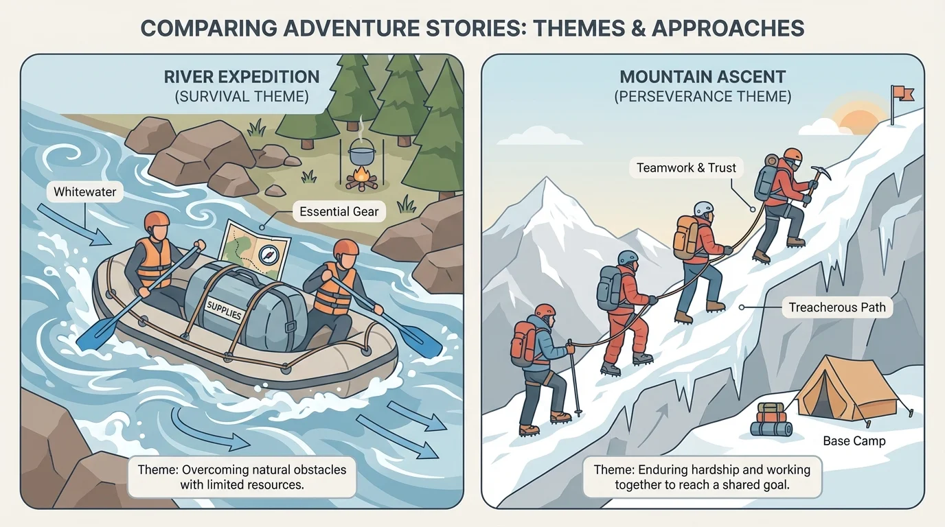 two adventure scenes side by side, one raft trip through rough river carrying supplies, one mountain climb in snowy conditions with a team working together
