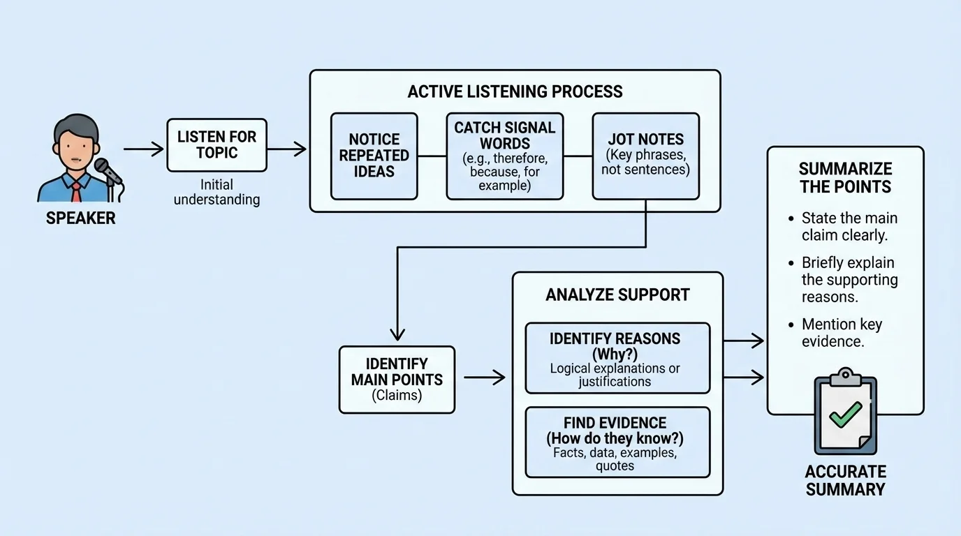 flowchart showing listen for topic, notice repeated ideas, catch signal words, jot notes, identify main points