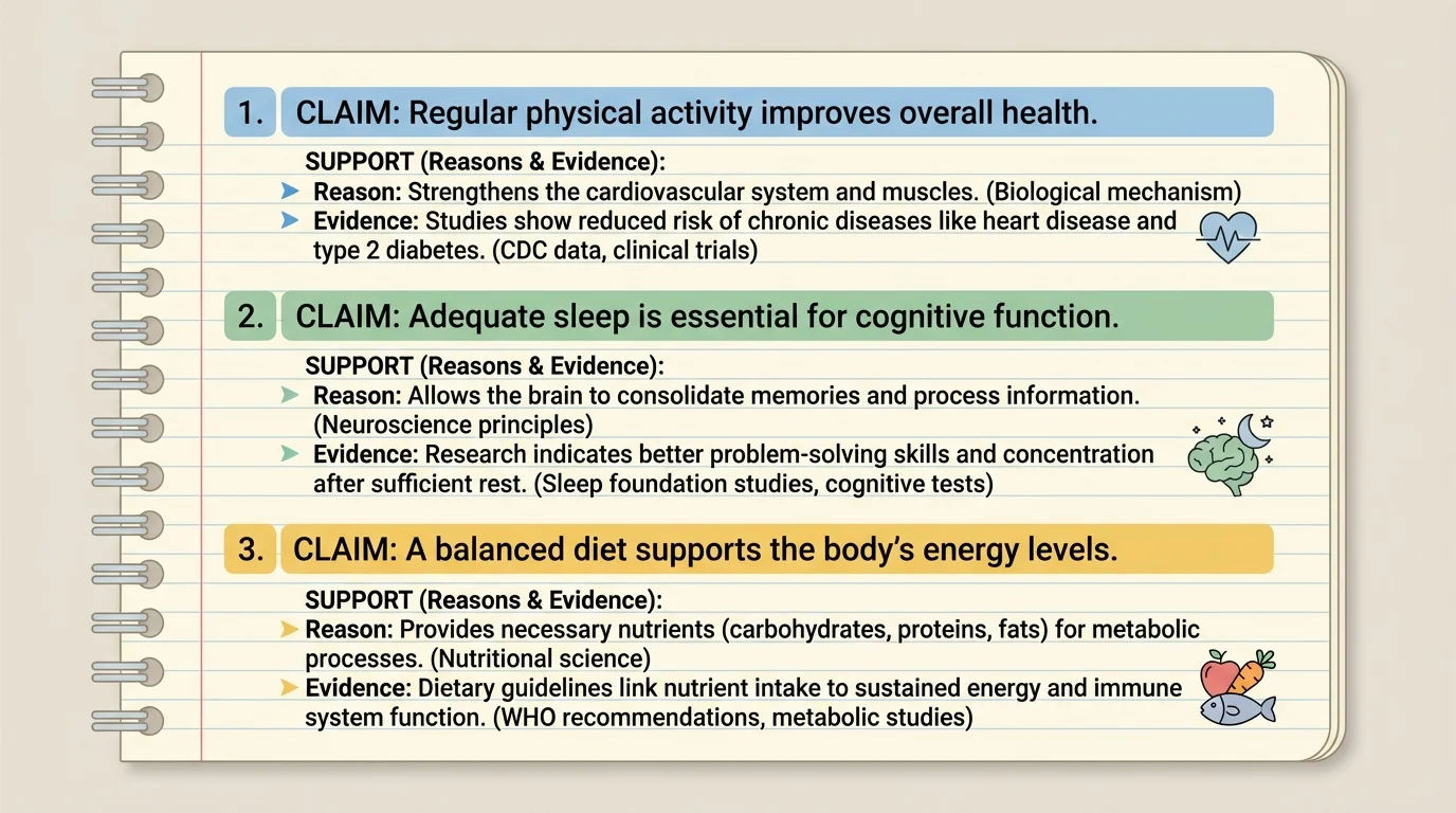 illustration of a student notebook with three numbered claims and brief support written under each