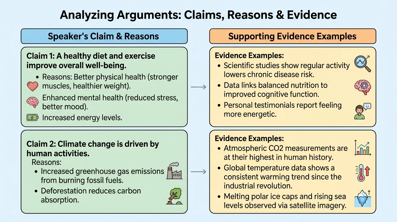 two-column chart with a claim, reasons in one column, and evidence examples in the other