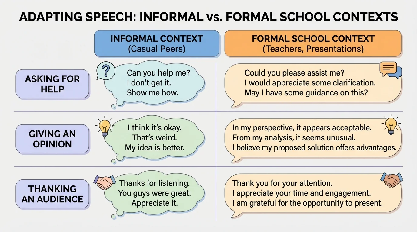 chart comparing informal and formal school-appropriate phrases such as asking for help, giving an opinion, and thanking an audience