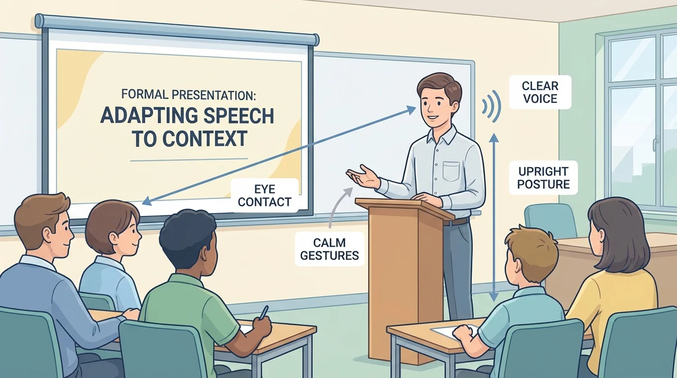 illustration of a student presenting to a class with labels for eye contact, upright posture, clear voice, and calm gestures
