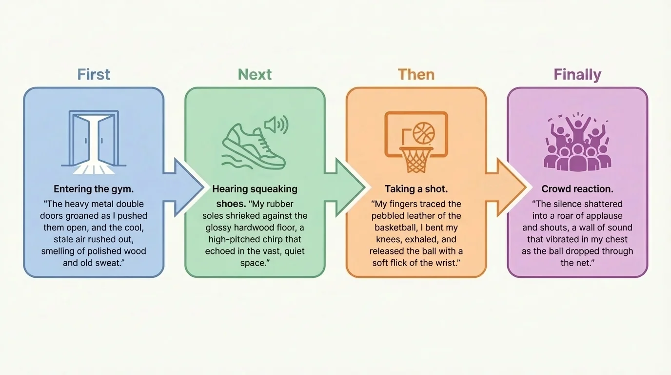 Flowchart of a short story event sequence from entering a gym, hearing squeaking shoes, taking a shot, and crowd reaction, with transitions first, next, then, finally