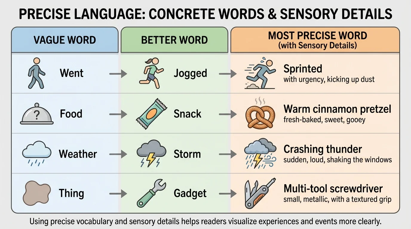 Chart with three columns labeled vague word, better word, most precise word, using examples like went/jogged/sprinted and food/snack/warm cinnamon pretzel