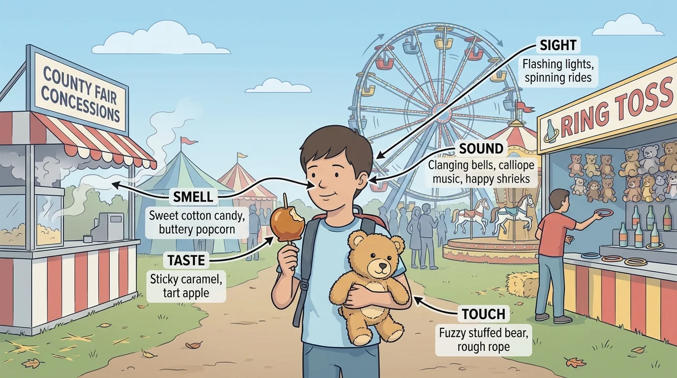 A child at a county fair with labeled sensory details for sight, sound, smell, taste, and touch