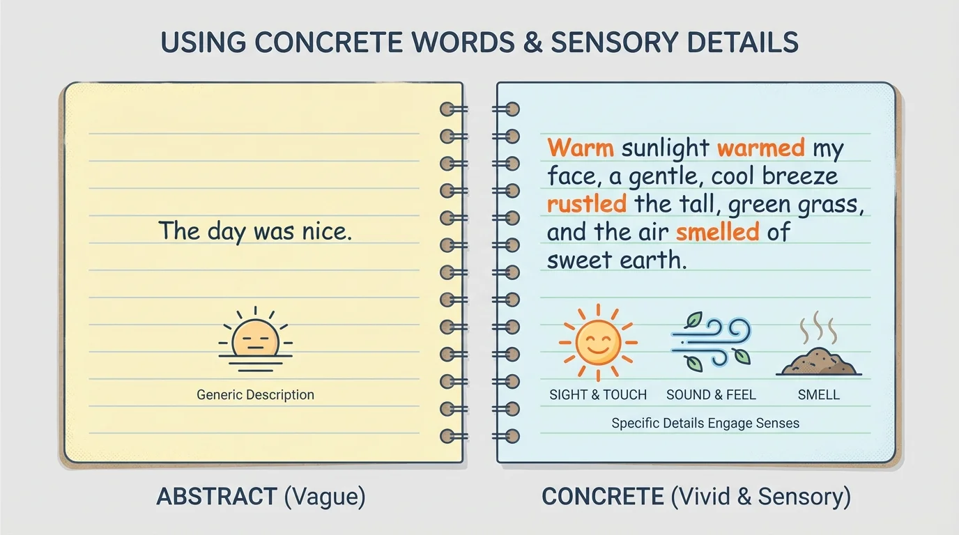 Two side-by-side notebook excerpts, one with plain sentence 'The day was nice' and one with vivid details about sun, breeze, and grass, with key words highlighted