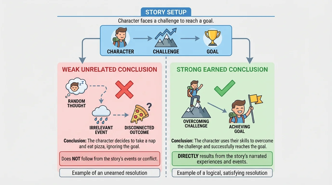 Side-by-side comparison chart with one story setup, a weak unrelated conclusion on one side, and a strong earned conclusion on the other