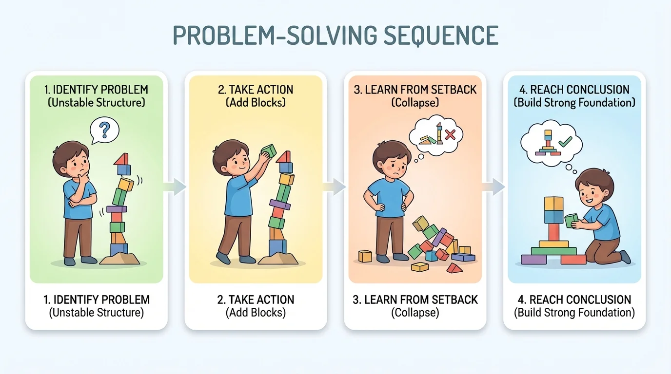 Story sequence showing a child facing a problem, taking key actions, learning from setbacks, and reaching a conclusion that logically follows from those events