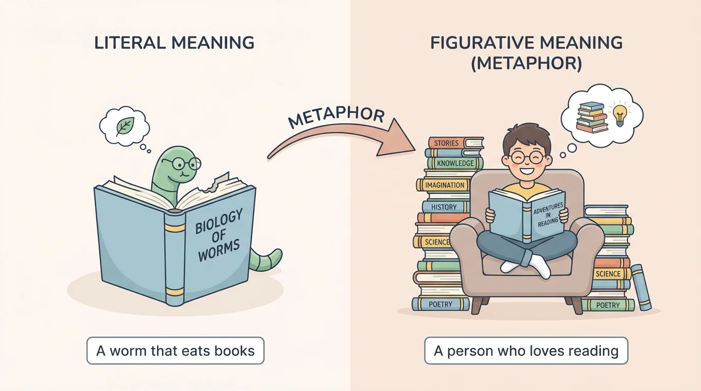 Student nicknamed 'bookworm' sitting happily with a tall stack of books, showing the metaphor means a person who loves reading