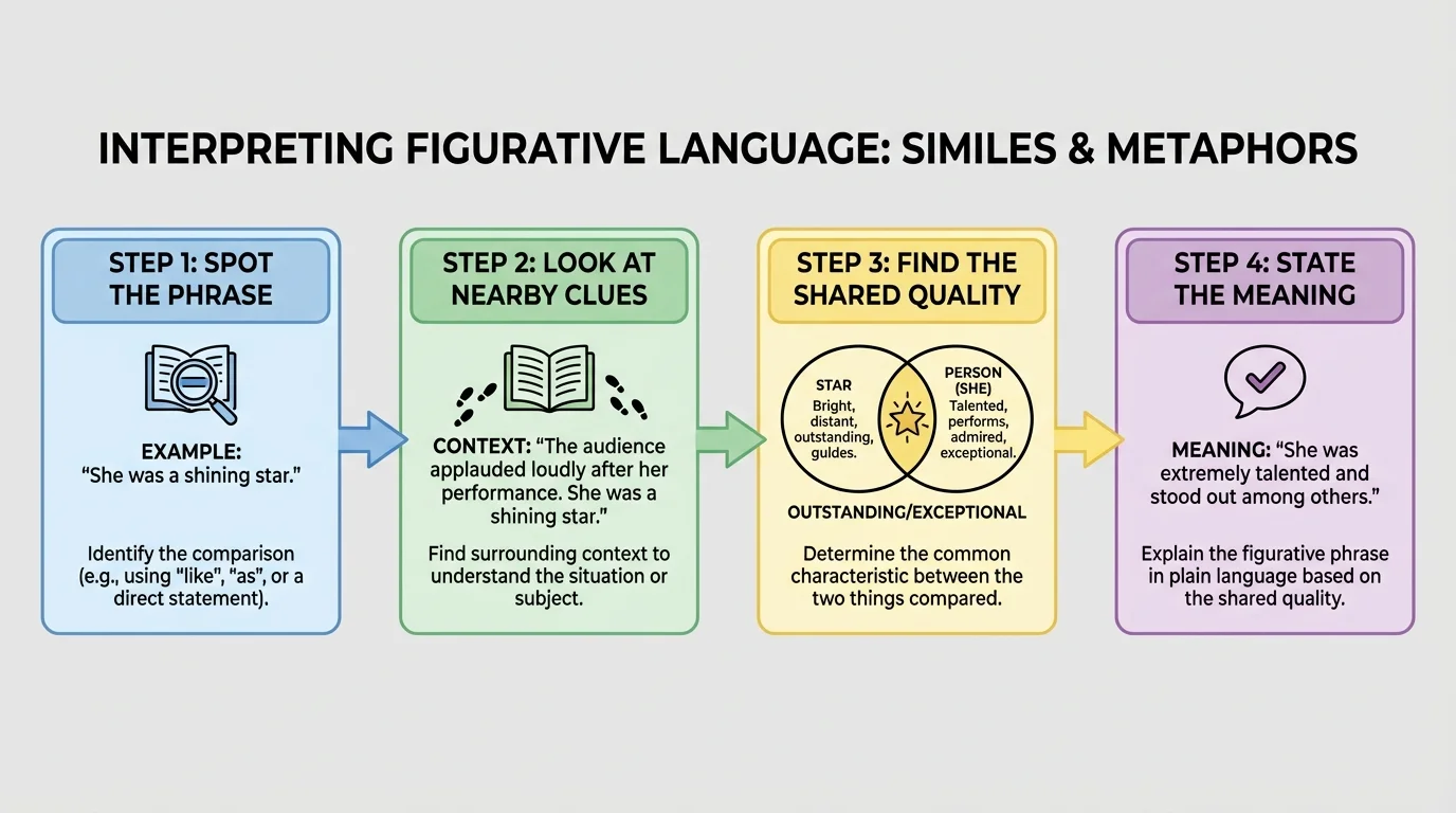 Four-step flowchart for interpreting figurative language with boxes labeled 'Spot the phrase,' 'Look at nearby clues,' 'Find the shared quality,' and 'State the meaning'