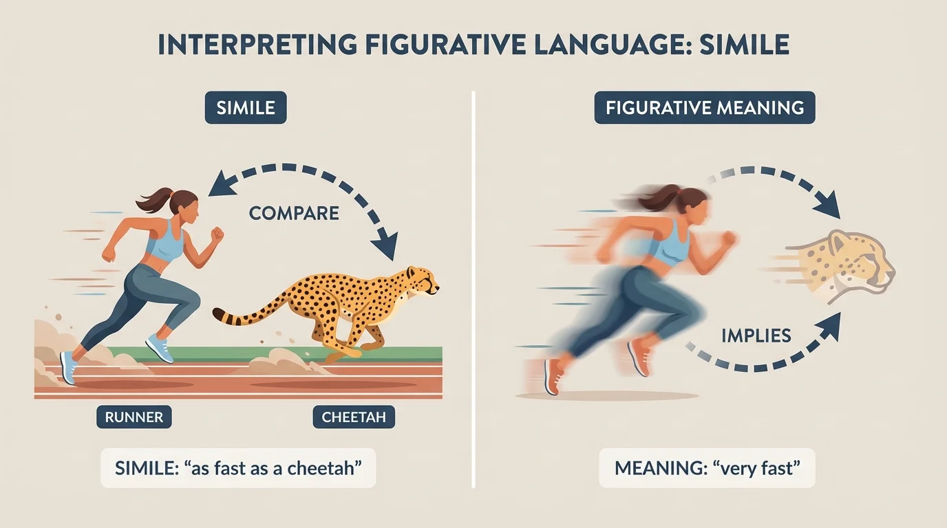 Two-panel scene of a runner sprinting beside a cheetah, with arrows linking them to show the comparison in the simile 'fast as a cheetah'