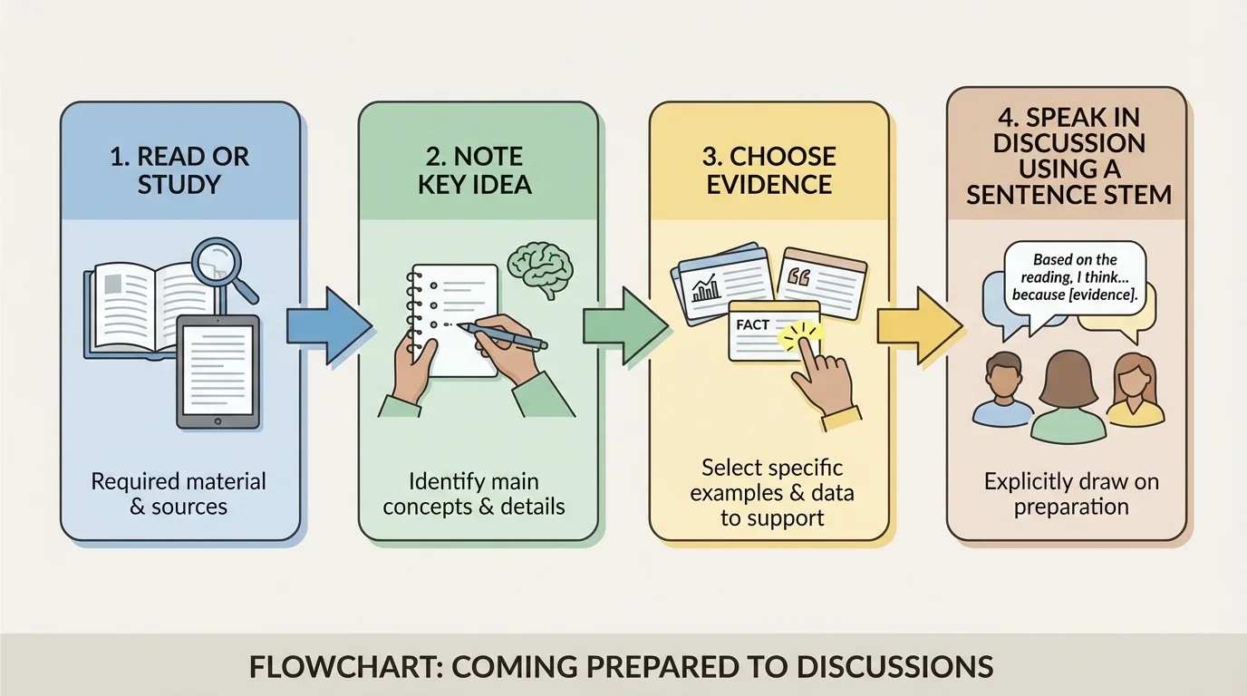 Simple flowchart showing read or study, note key idea, choose evidence, then speak in discussion using a sentence stem