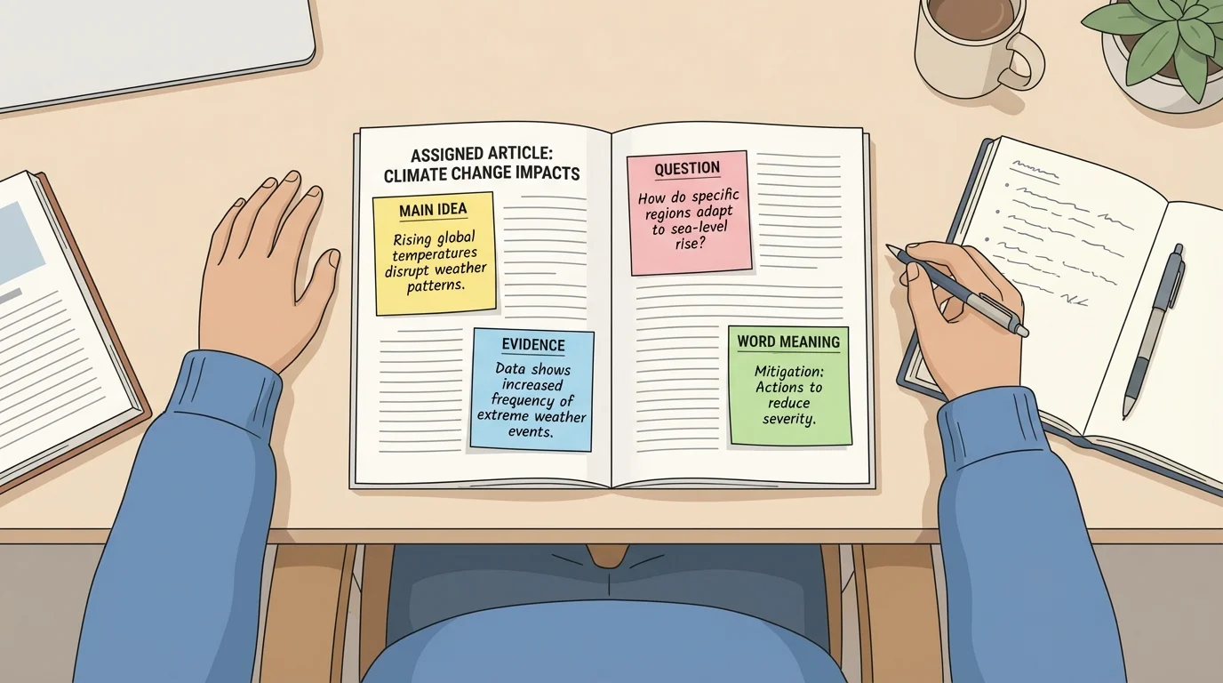 Student reading an assigned article with sticky notes labeled main idea, evidence, question, and word meaning