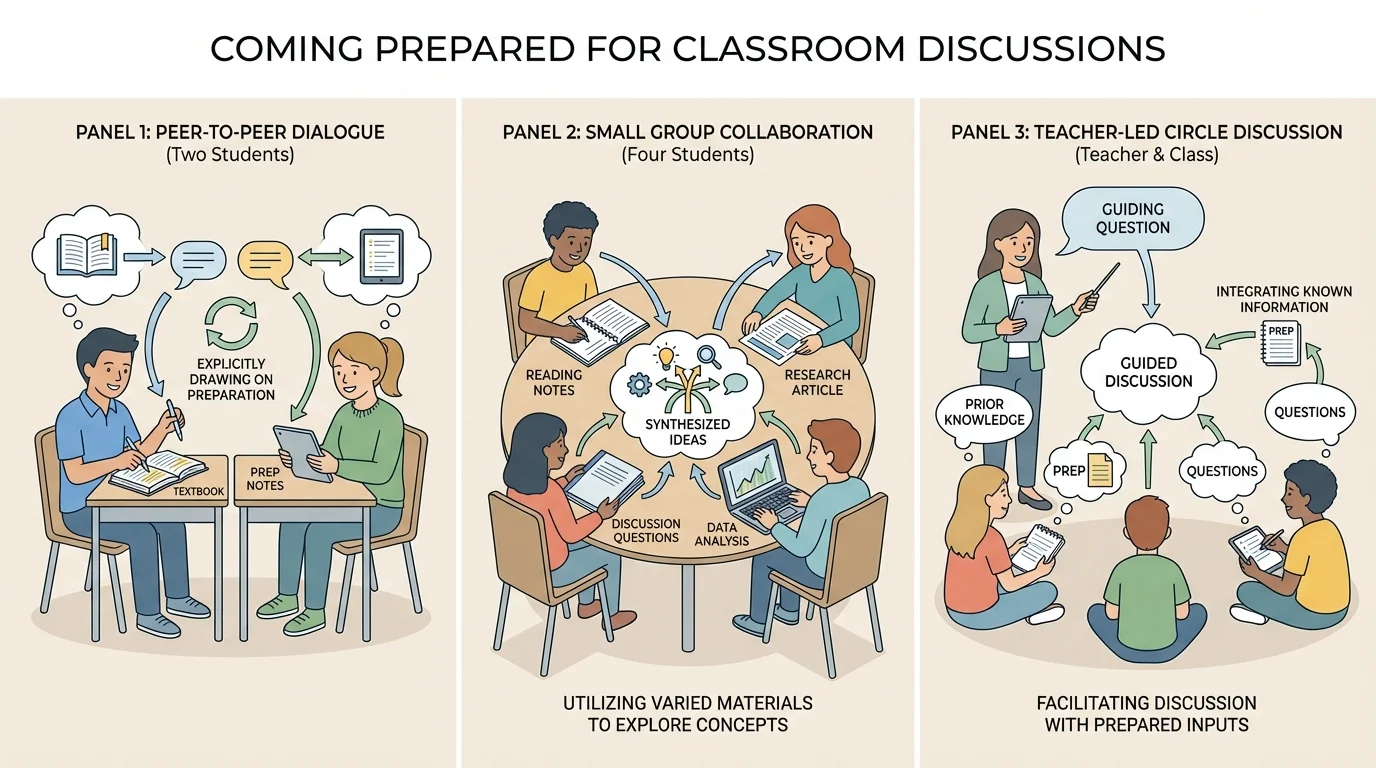 Three classroom discussion setups side by side: two students talking, four students in a group, and a teacher leading a class circle