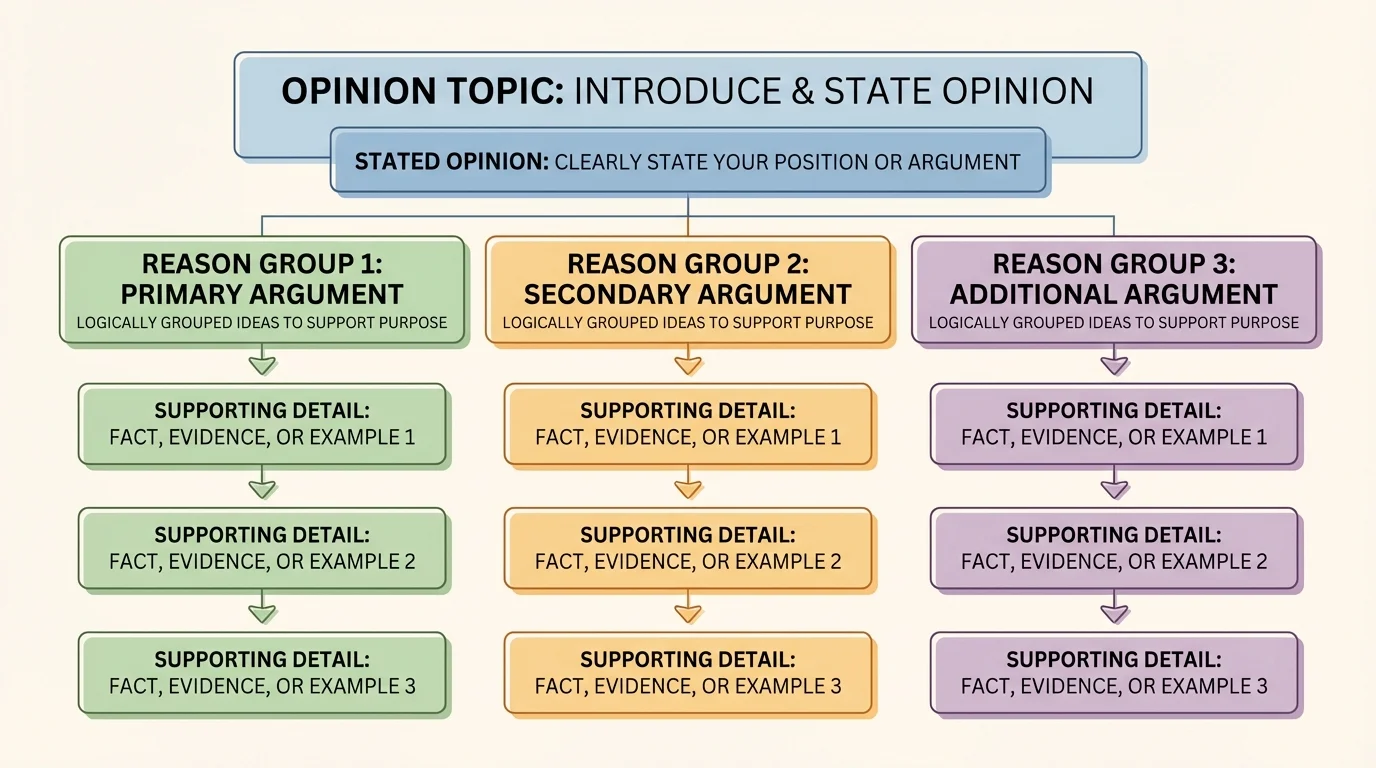 Chart showing an opinion topic at the top with two or three reason groups underneath, each with matching supporting details sorted into separate columns