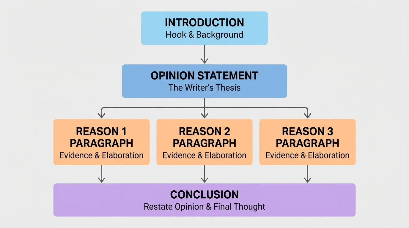 Diagram of a sample opinion essay with labeled sections for introduction, opinion statement, reason 1 paragraph, reason 2 paragraph, reason 3 paragraph, and conclusion