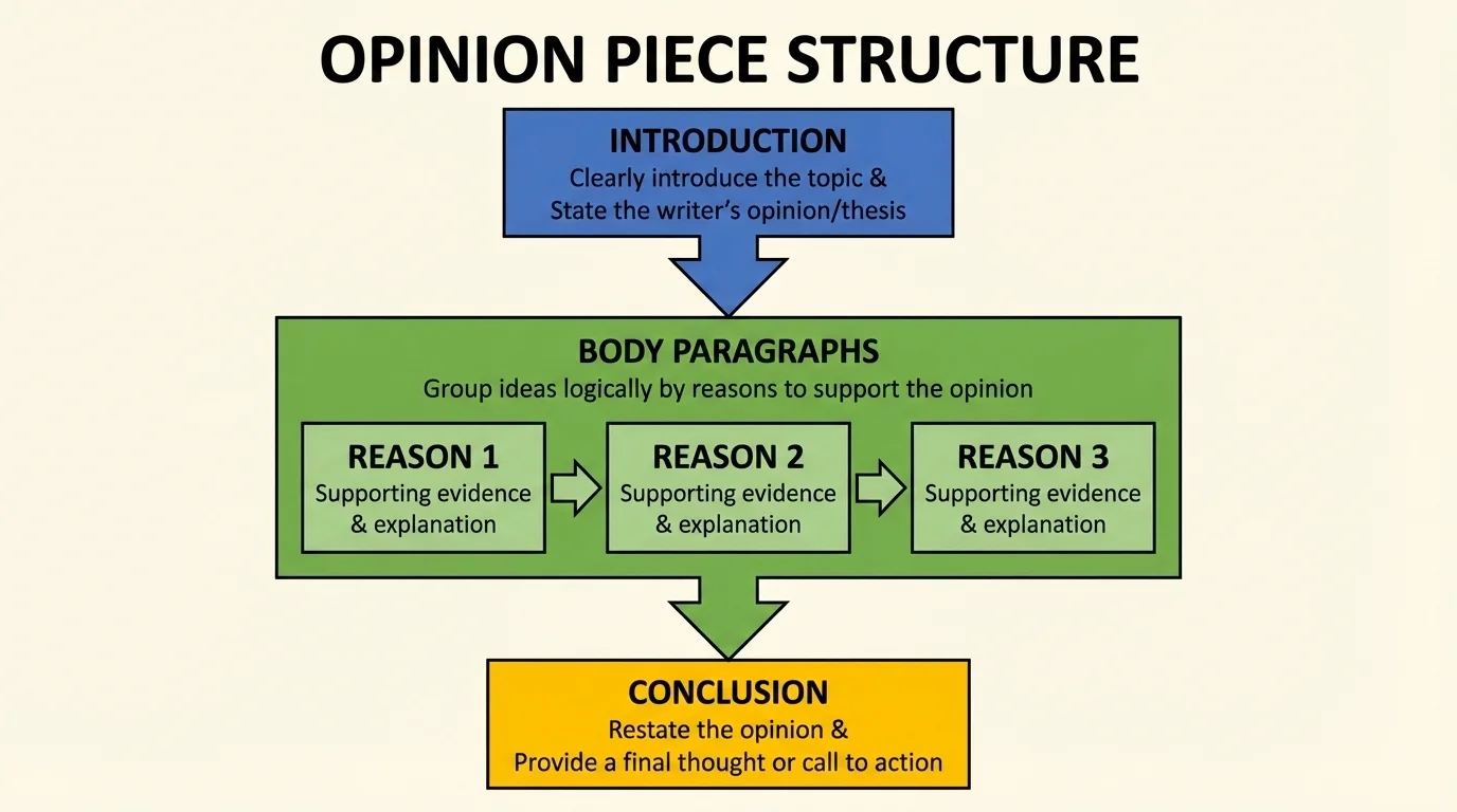Flowchart showing opinion piece structure with boxes for introduction naming the topic and opinion, body paragraphs grouped by reasons, and conclusion with final thought