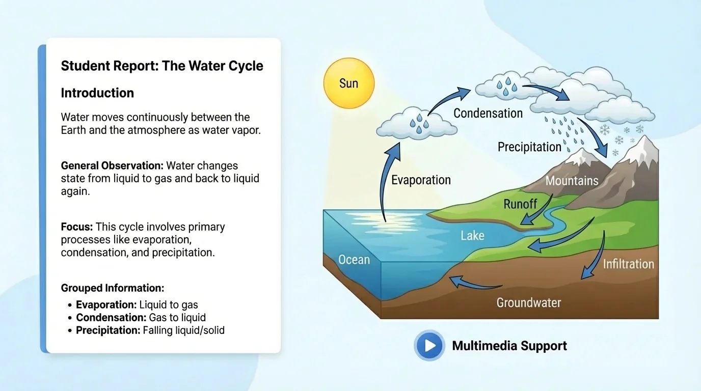 illustration showing a student report on the water cycle paired with a labeled diagram of evaporation, condensation, precipitation, and a small video icon representing multimedia support