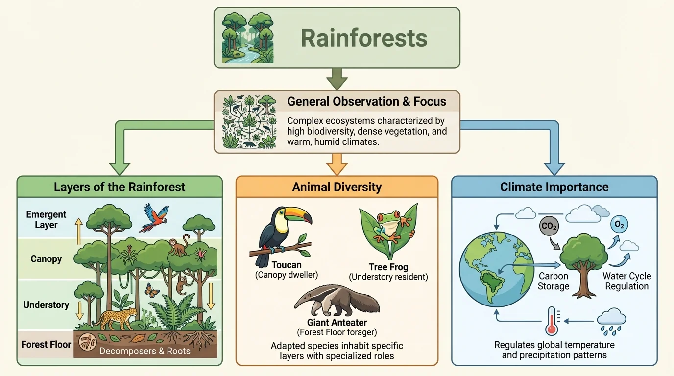 chart showing broad topic 'Rainforests' narrowing to a general observation and then to focused subtopics such as layers, animals, and climate importance