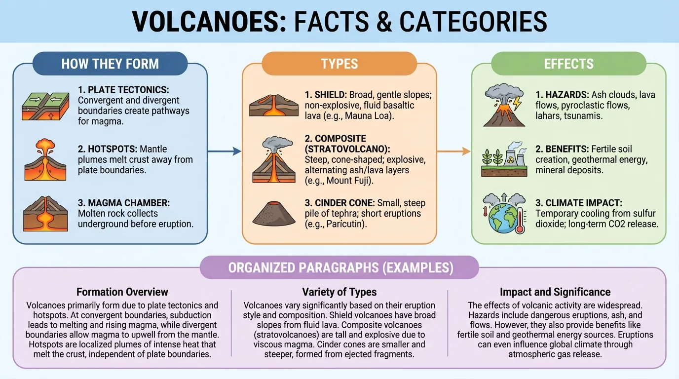 flowchart showing facts about volcanoes sorted into categories labeled 'how they form,' 'types,' and 'effects' before turning into organized paragraphs