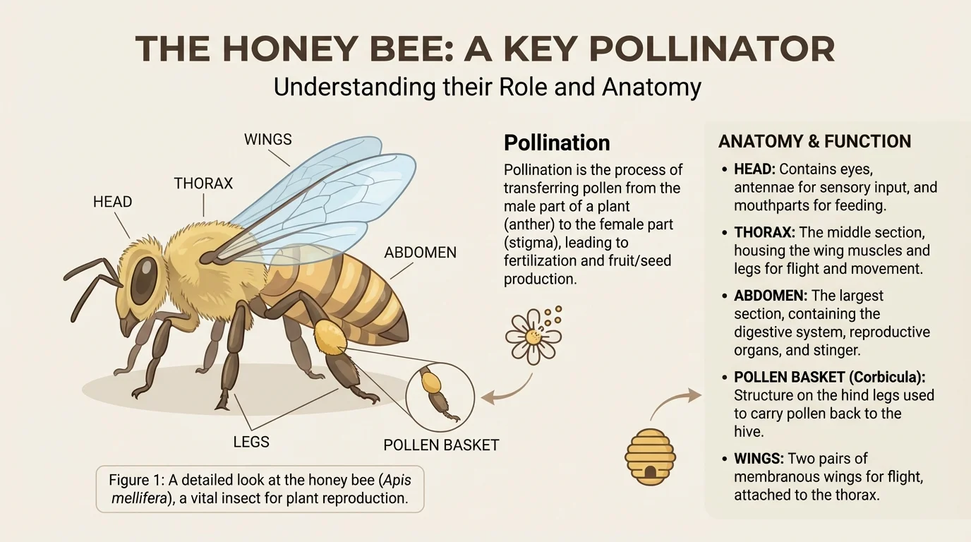 diagram of an informational page about bees labeled with heading, subheading, bold vocabulary word, caption under an image, and a bullet list