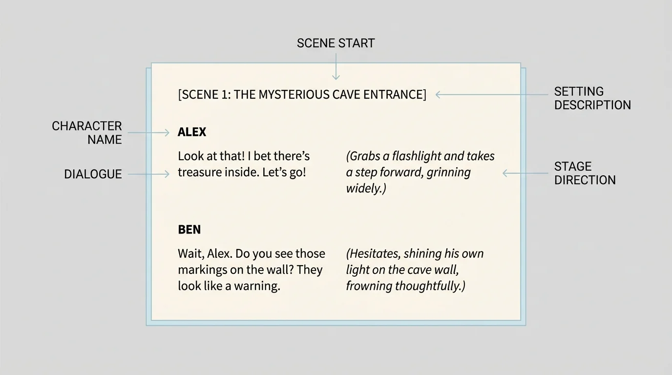 simple play script page labeled with character names, dialogue lines, and stage directions