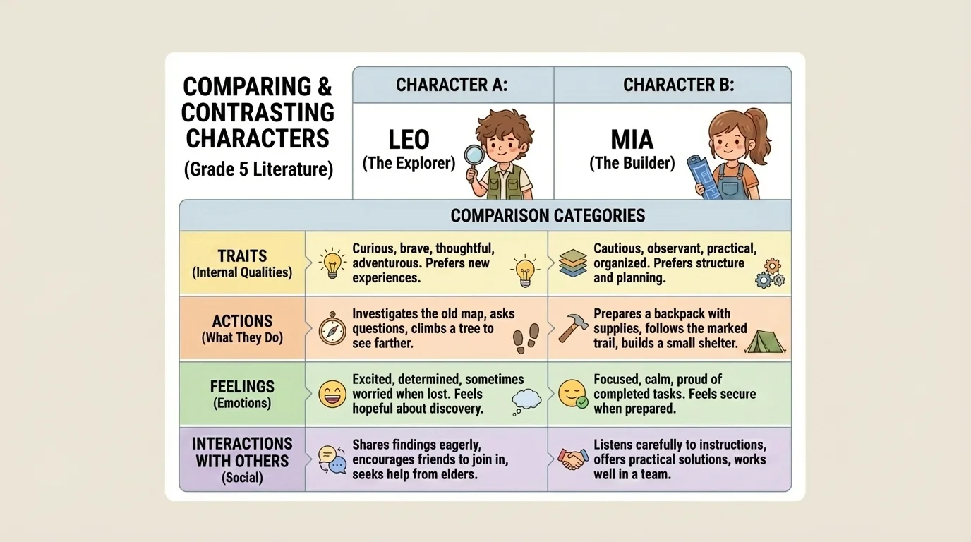 side-by-side chart comparing two child characters with rows for traits, actions, feelings, and interactions with others