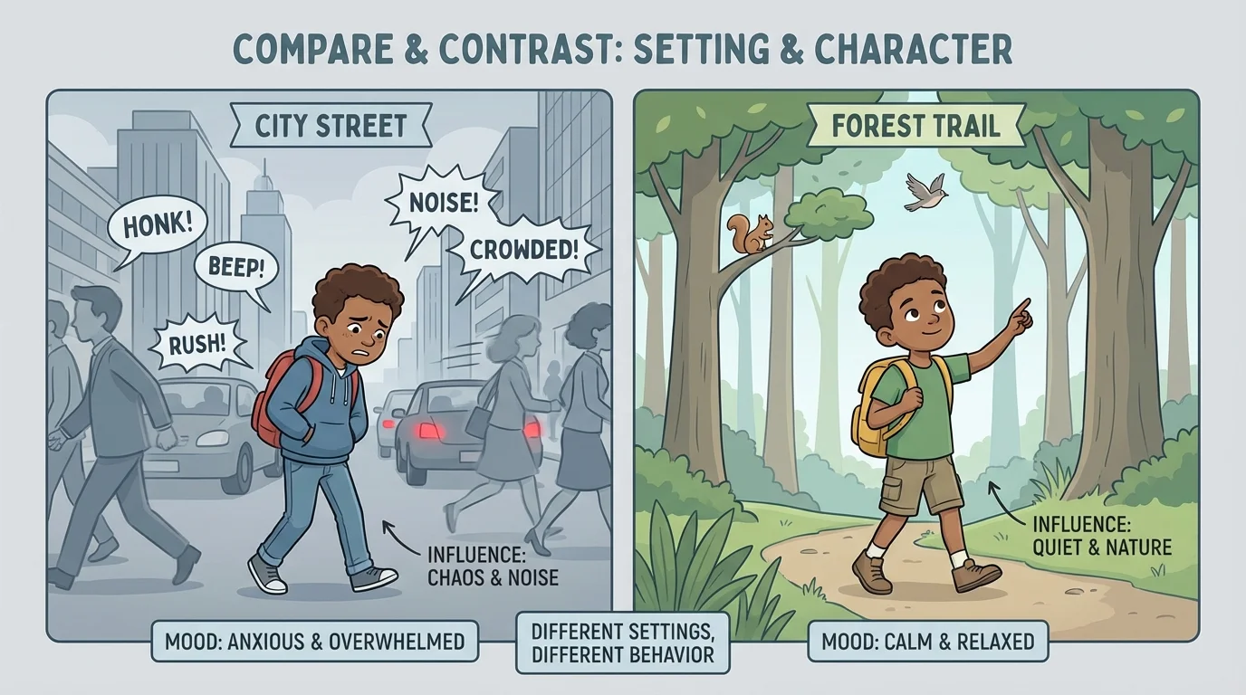 same child shown in two settings, a busy city street and a quiet forest trail, with visible differences in mood and behavior