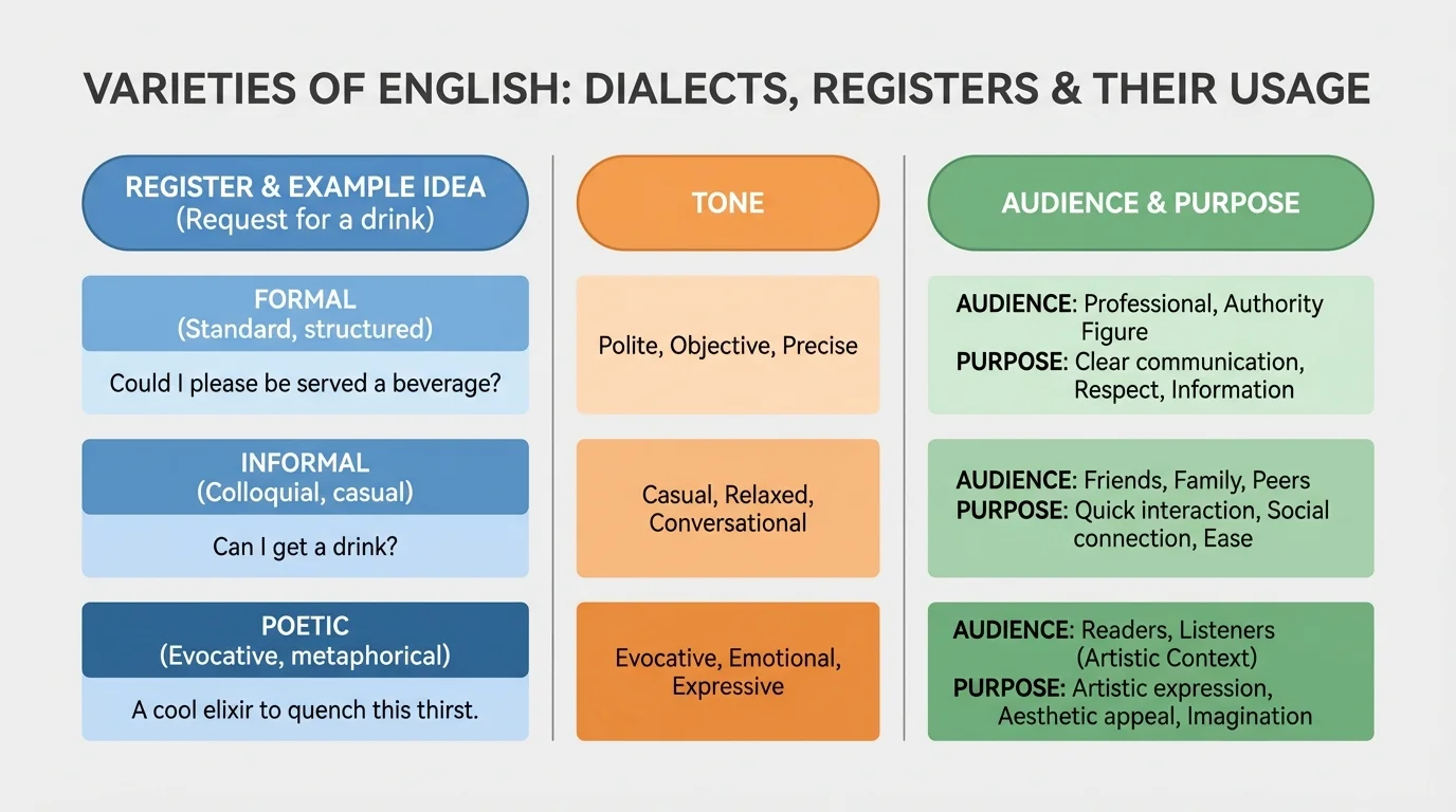 chart showing one idea written in formal, informal, and poetic register with short labels for tone, audience, and purpose