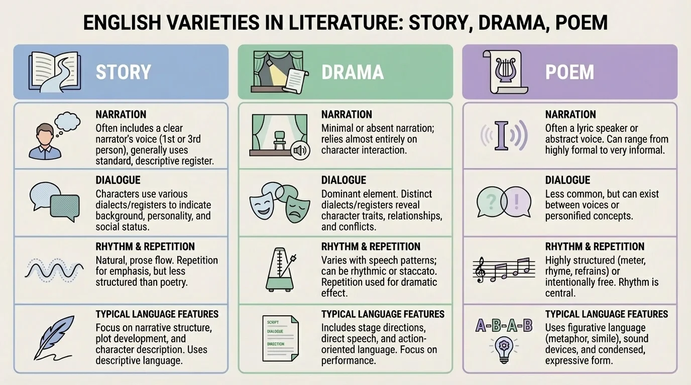 three-column comparison of story, drama, and poem showing narration, dialogue, rhythm, repetition, and typical language features