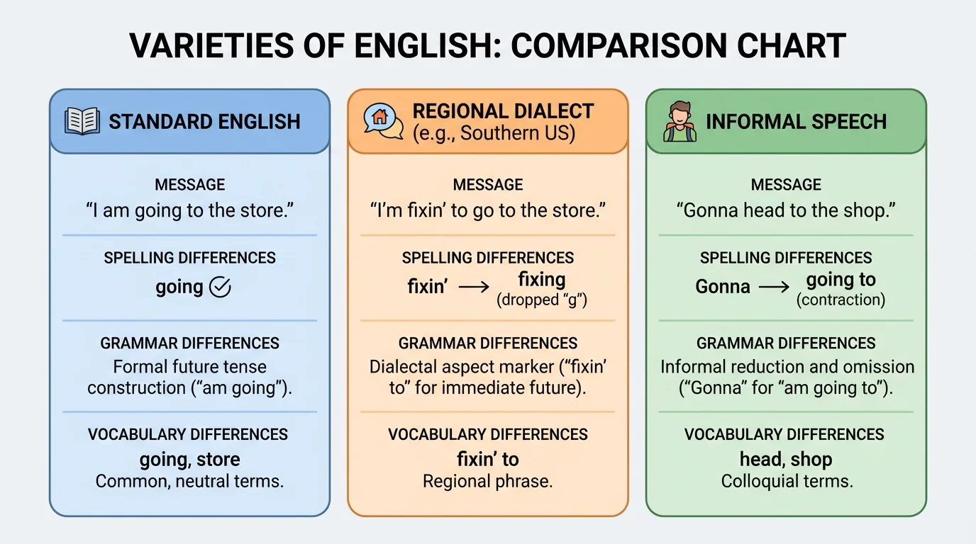 comparison chart showing the same message in standard English, a regional dialect, and informal speech, with labels for spelling, grammar, and vocabulary differences