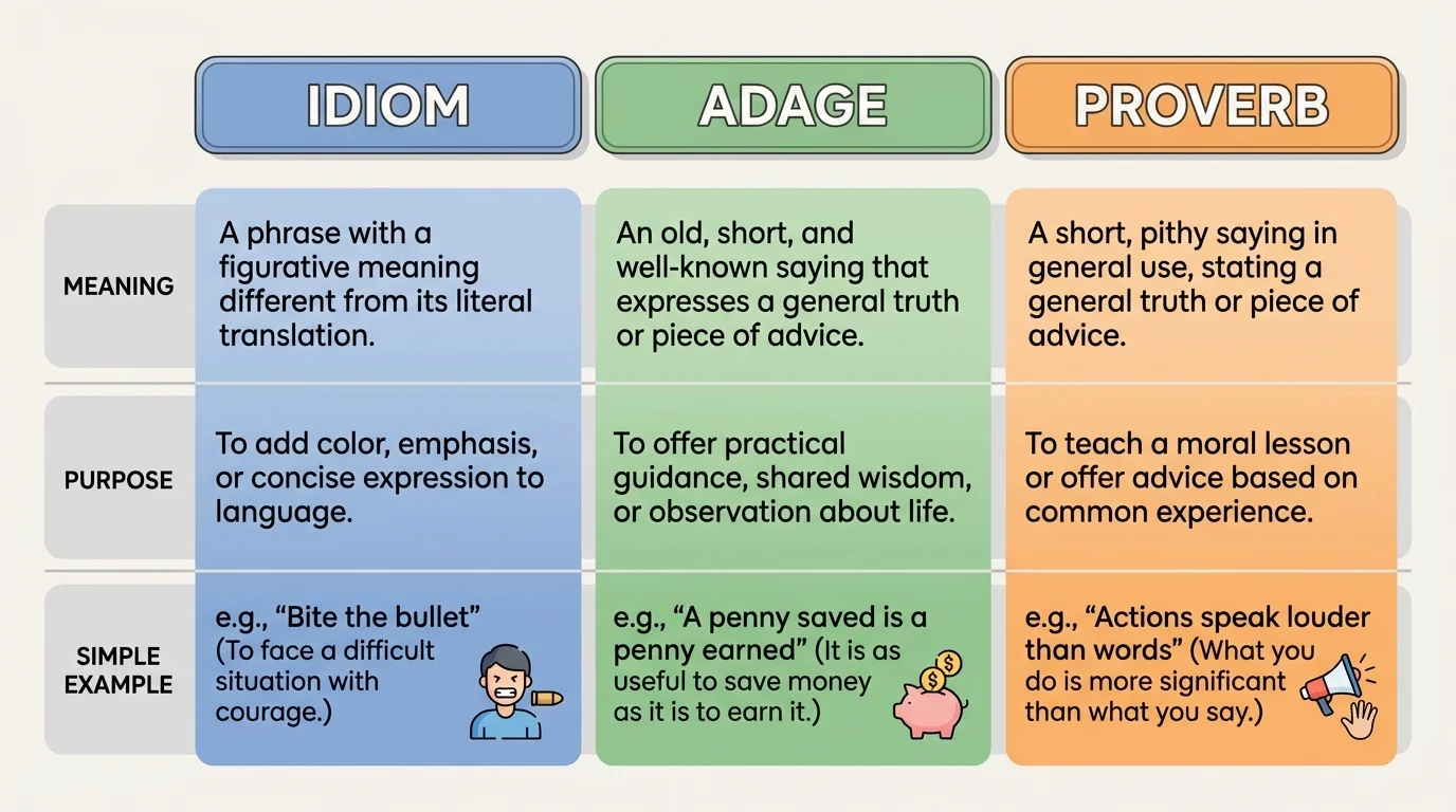Three-column comparison chart labeled idiom, adage, and proverb with short rows for meaning, purpose, and one simple example each