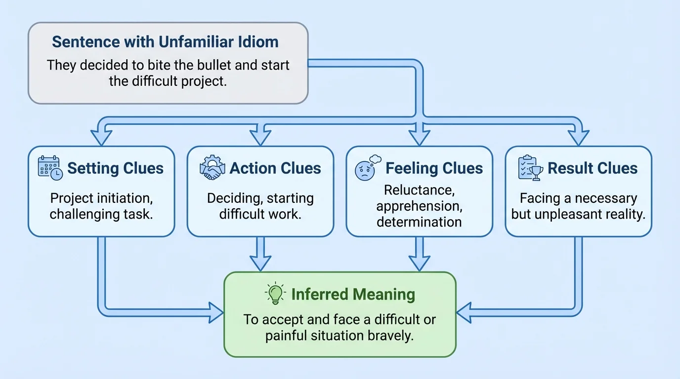 Flowchart with a short sentence containing an unfamiliar idiom, arrows leading to clue boxes labeled setting, actions, feelings, and result, ending in a box labeled inferred meaning