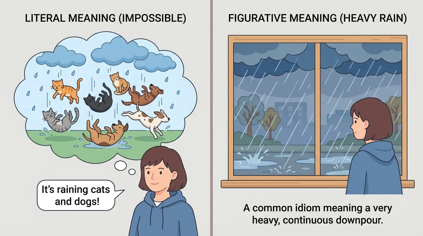 Two-panel scene of a student hearing "it's raining cats and dogs," with one panel showing the impossible literal idea of cats and dogs falling from the sky and the other showing heavy rain outside the window