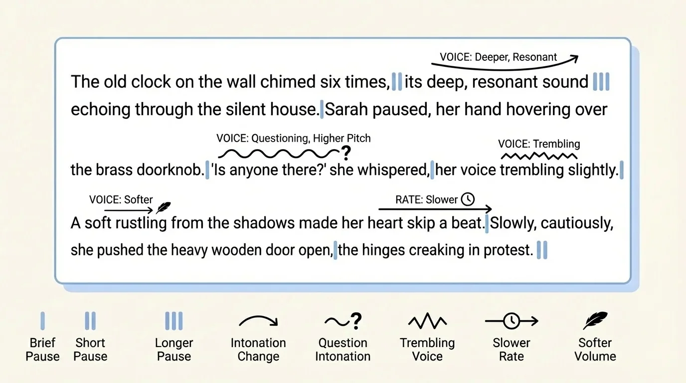 short story paragraph marked with commas, quotation marks, a question mark, and suggested pause and voice-change spots for oral reading