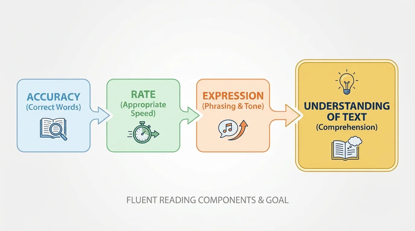 chart showing three connected parts of fluent reading—accuracy, rate, and expression—leading to understanding of text