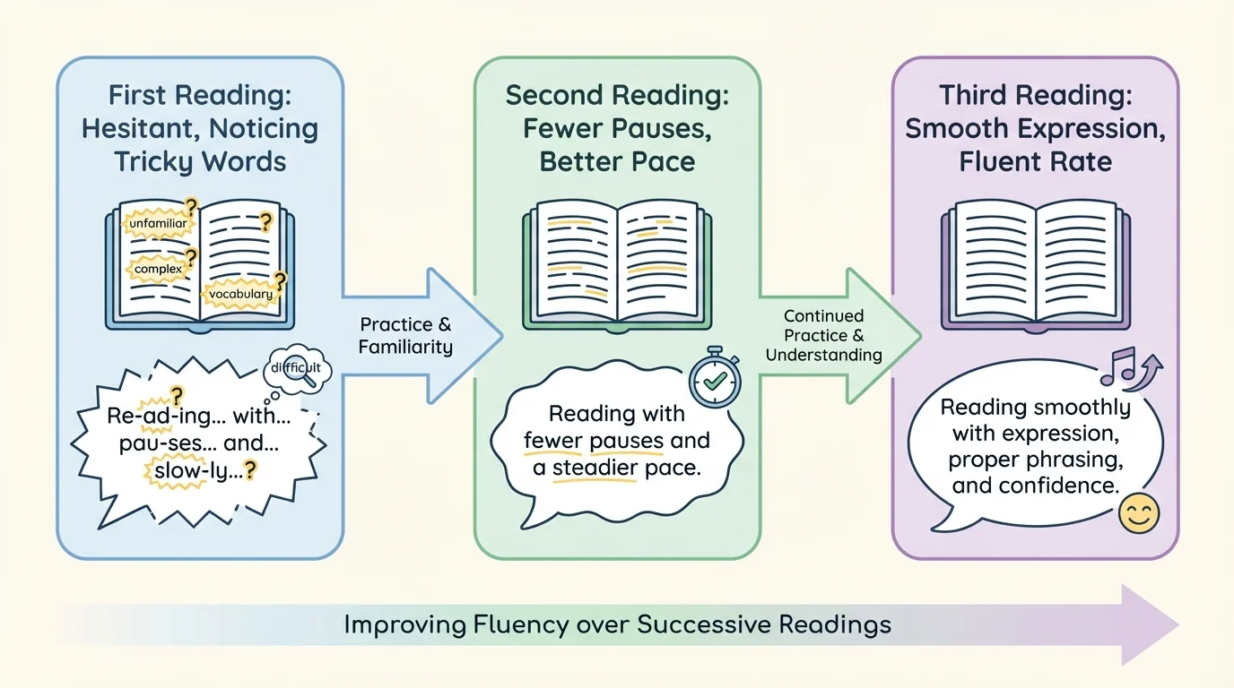 flowchart showing first reading with hesitations, noticing tricky words, second reading with fewer pauses, and third reading with smooth expression