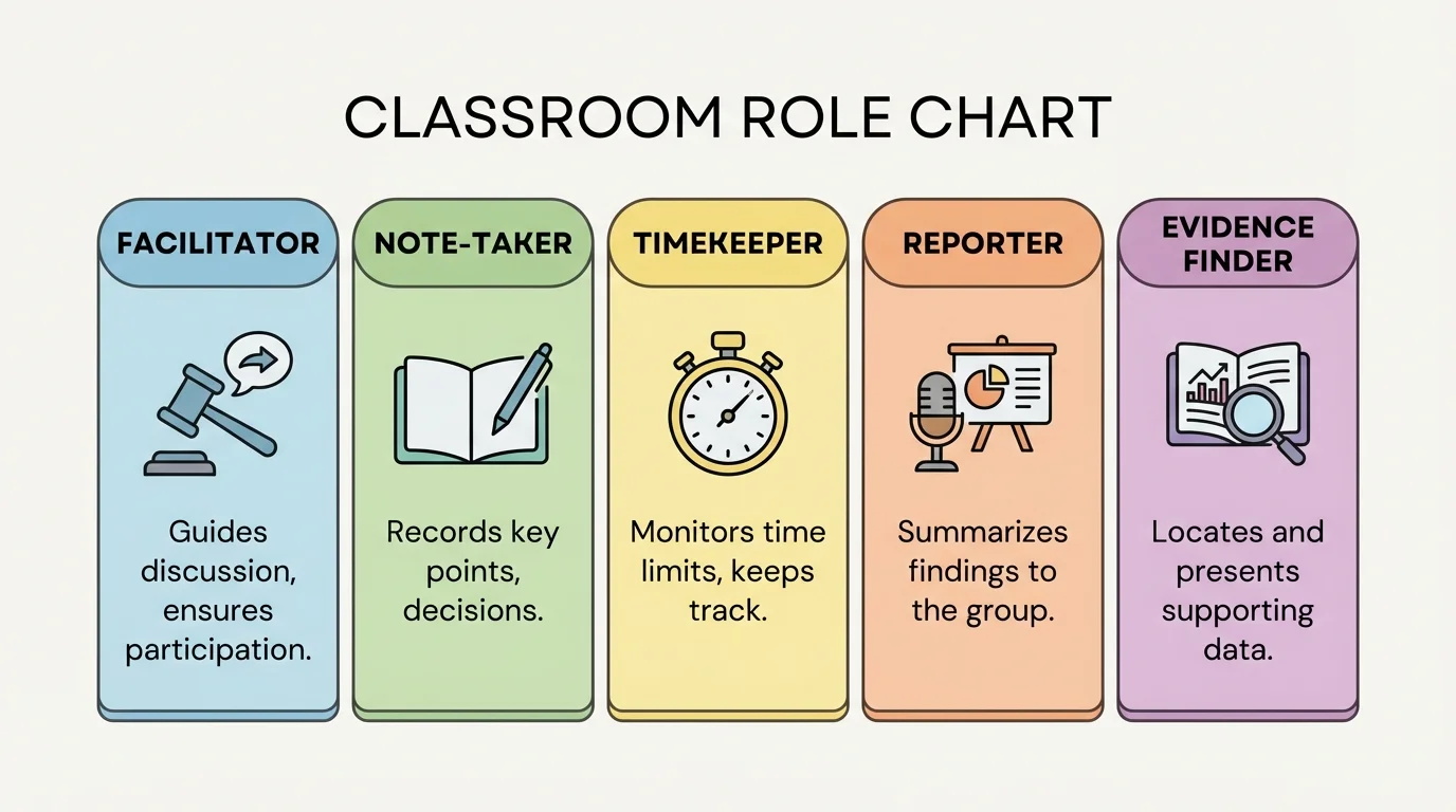 Classroom role chart showing facilitator, note-taker, timekeeper, reporter, and evidence finder with simple icons and short task labels