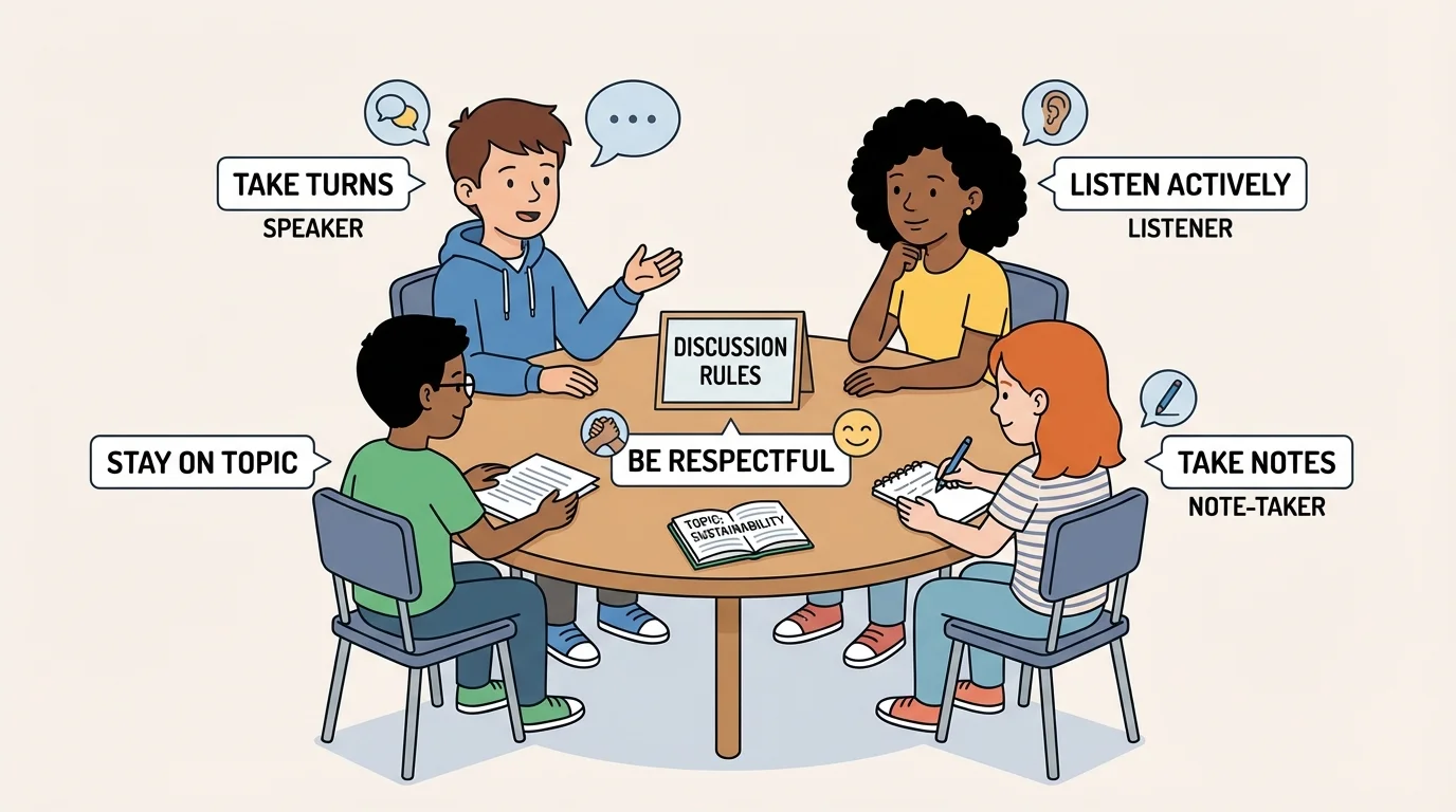 Small group of grade 5 students discussing at a table, one speaking, one listening, one taking notes, with labels like take turns, listen, stay on topic, be respectful