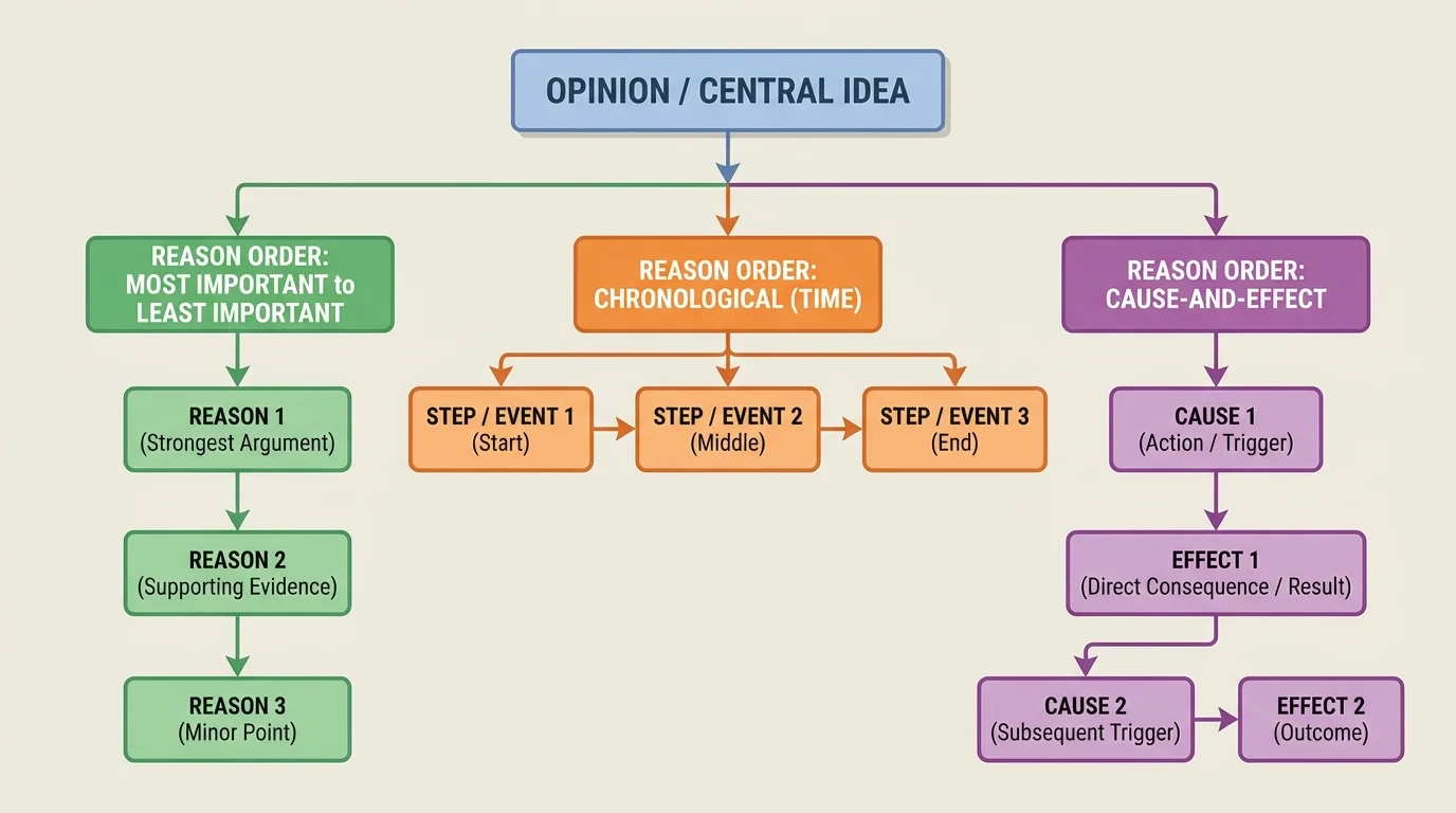 Flowchart showing one opinion at the top with three possible reason orders: most important to least important, time order, and cause-and-effect order
