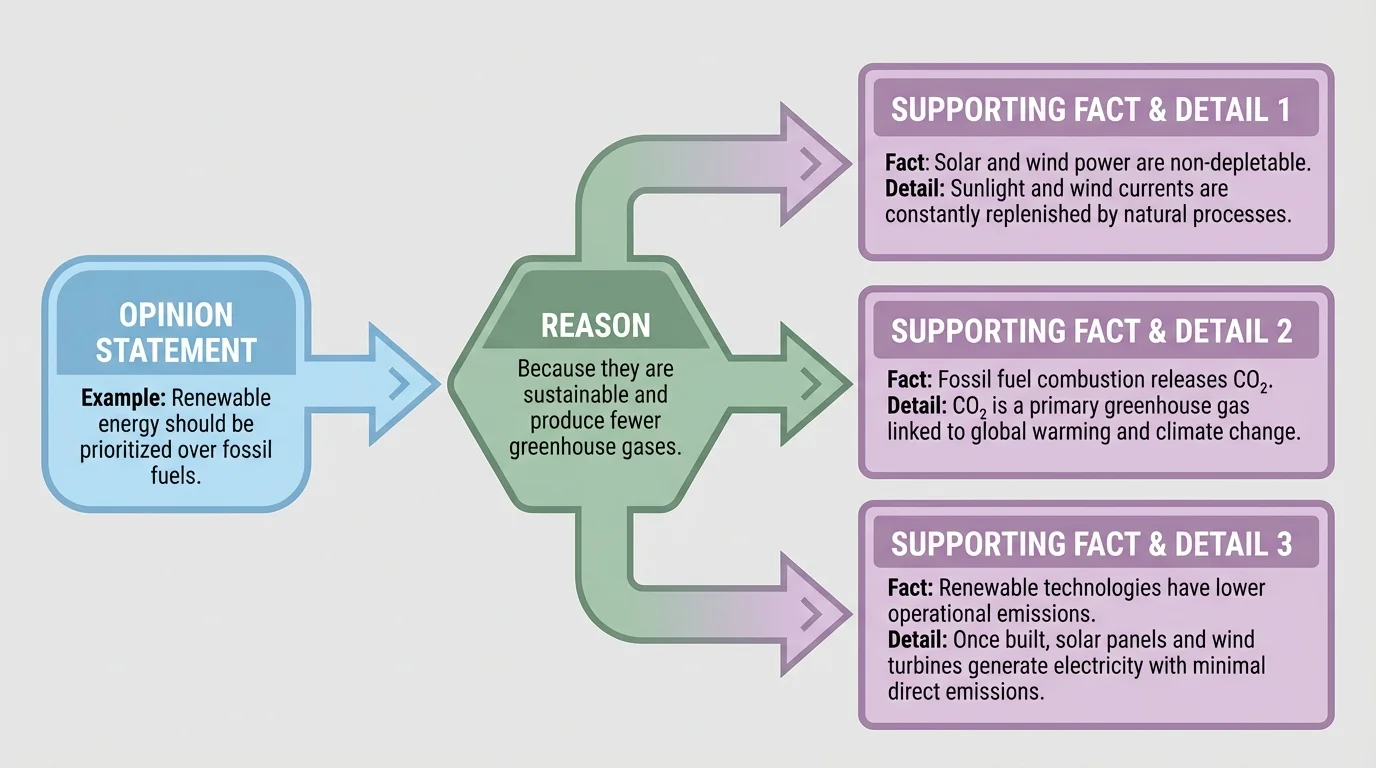 Diagram showing an opinion statement connected to a reason, then to supporting facts and specific details