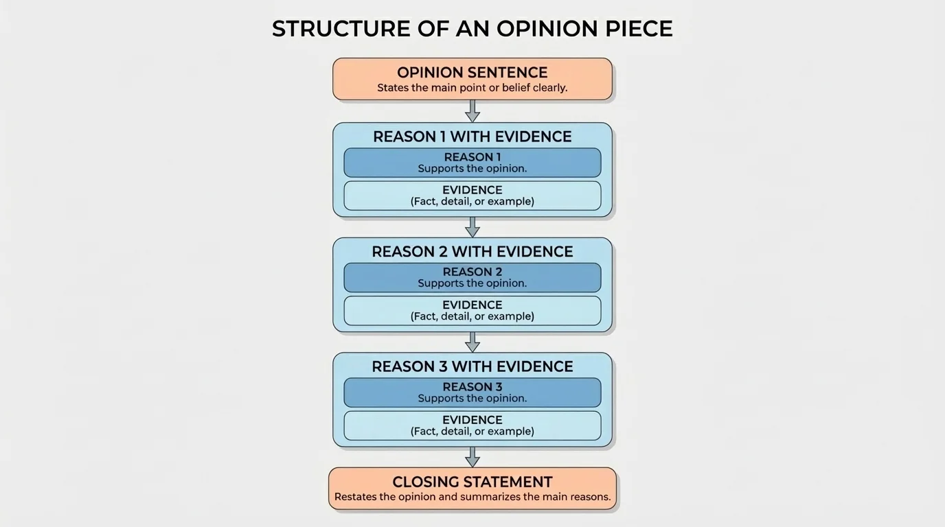 Chart showing parts of an opinion piece: opinion sentence, reason 1 with evidence, reason 2 with evidence, reason 3 with evidence, and closing statement