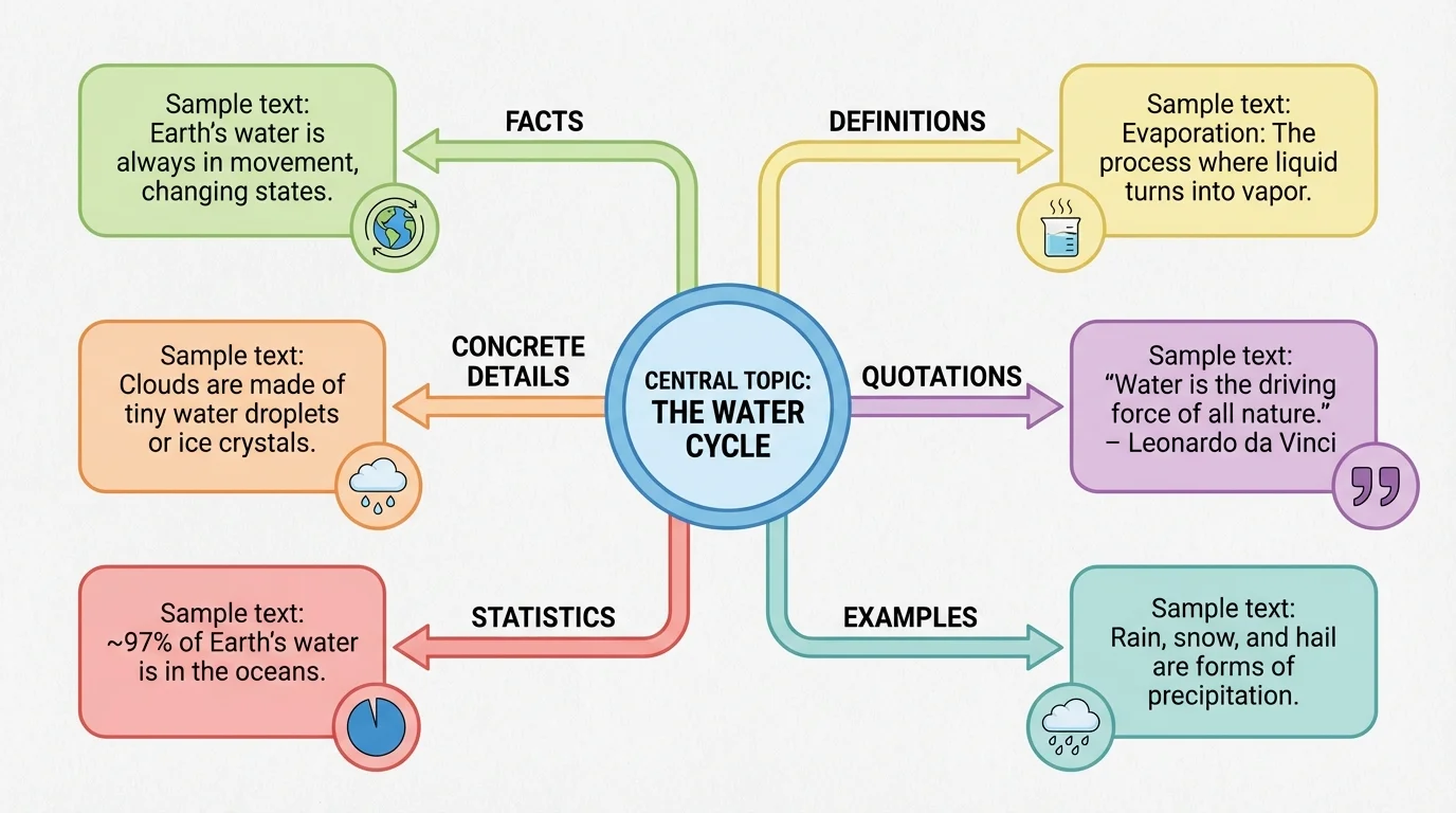 chart with one central topic and branches labeled facts, definitions, concrete details, quotations, statistics, and examples, each with a short simple sample