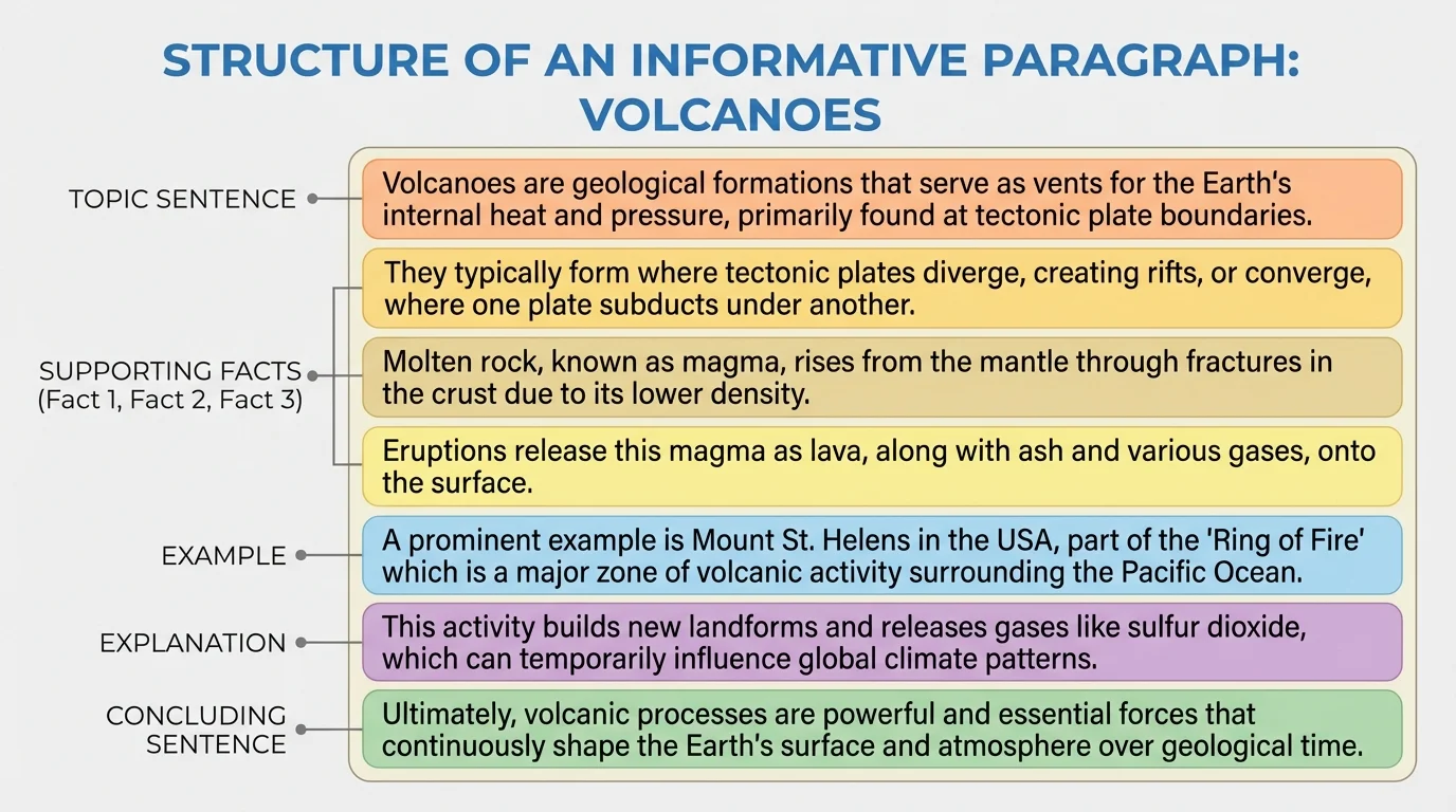 labeled informative paragraph about volcanoes with color-coded parts for topic sentence, supporting facts, example, explanation, and concluding sentence