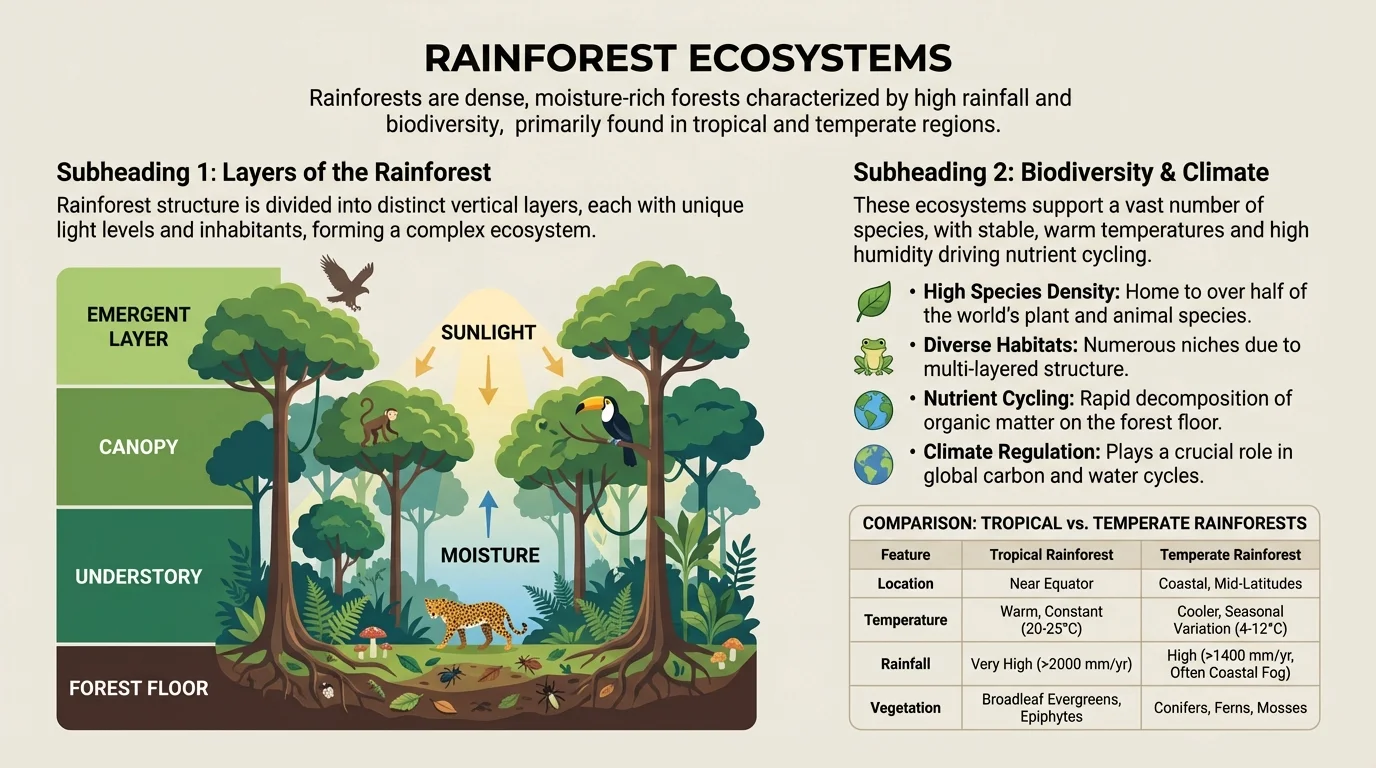 textbook-style page about rainforests with a main heading, two subheadings, short paragraphs, bullet list, and a small comparison table arranged clearly